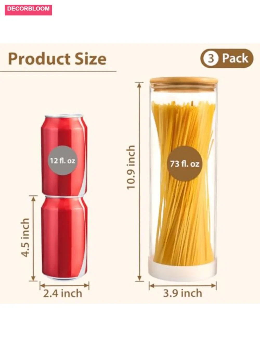 Large Airtight Pasta Storage Canisters with Bamboo Lids - 3 Pack